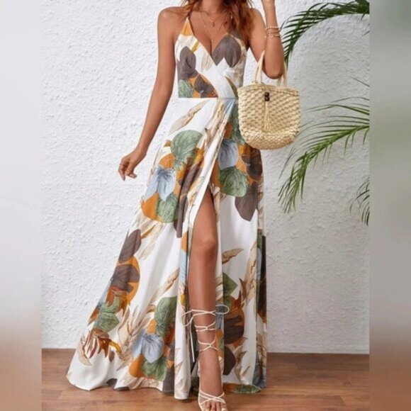 Women's Planted Printed High Side-Split Halter Woven Dress - Picture 1 of 4